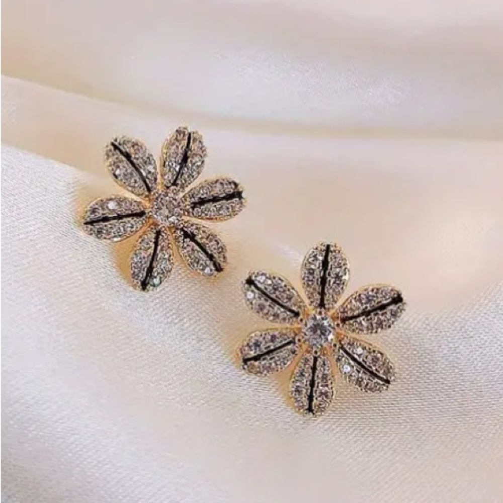Diamond Flower Gold Toned Stud Earrings